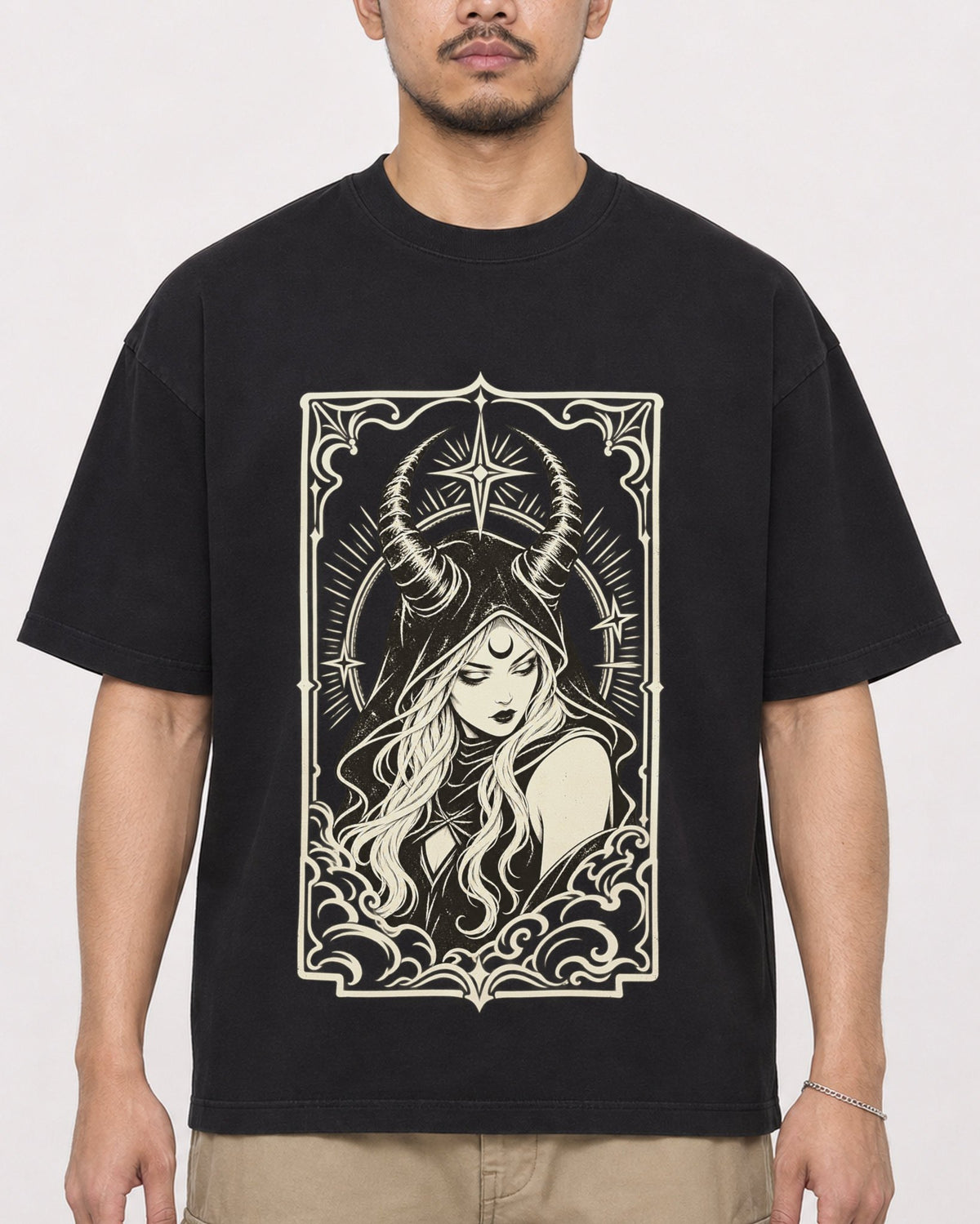Mockup Boxy Heavyweight Tee Black male close-up 32