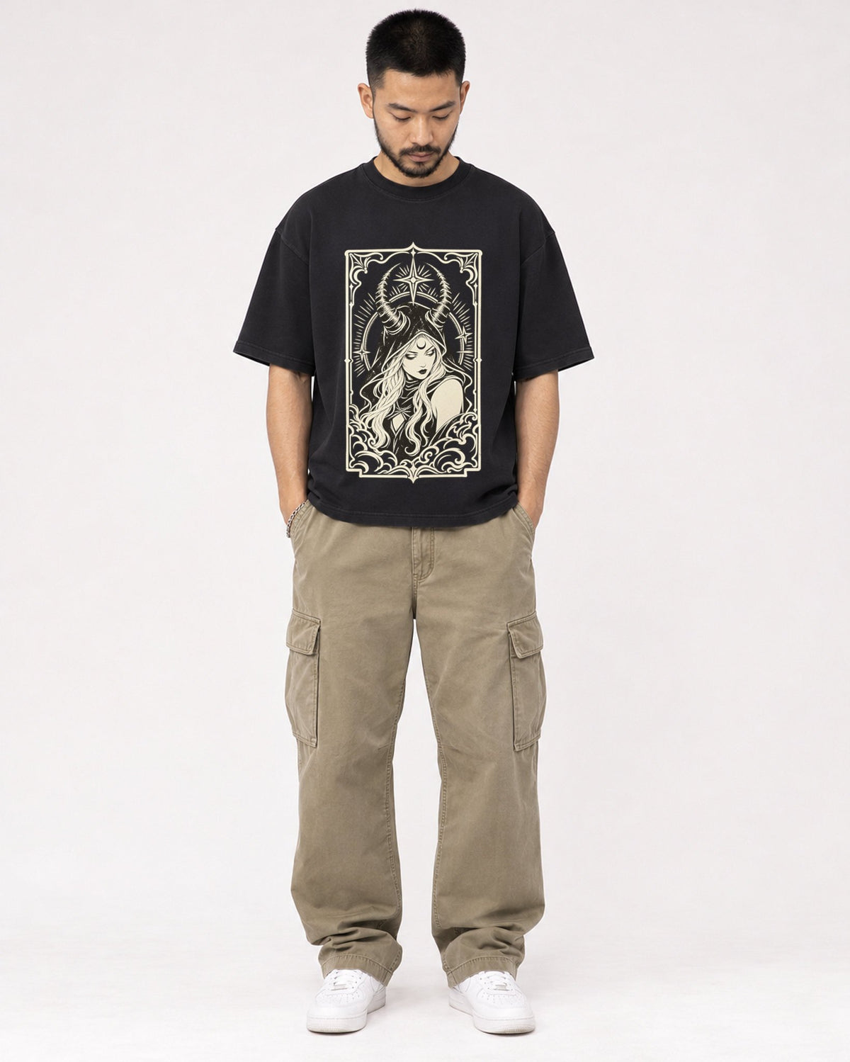 Mockup Boxy Heavyweight Tee Black male full-body 32