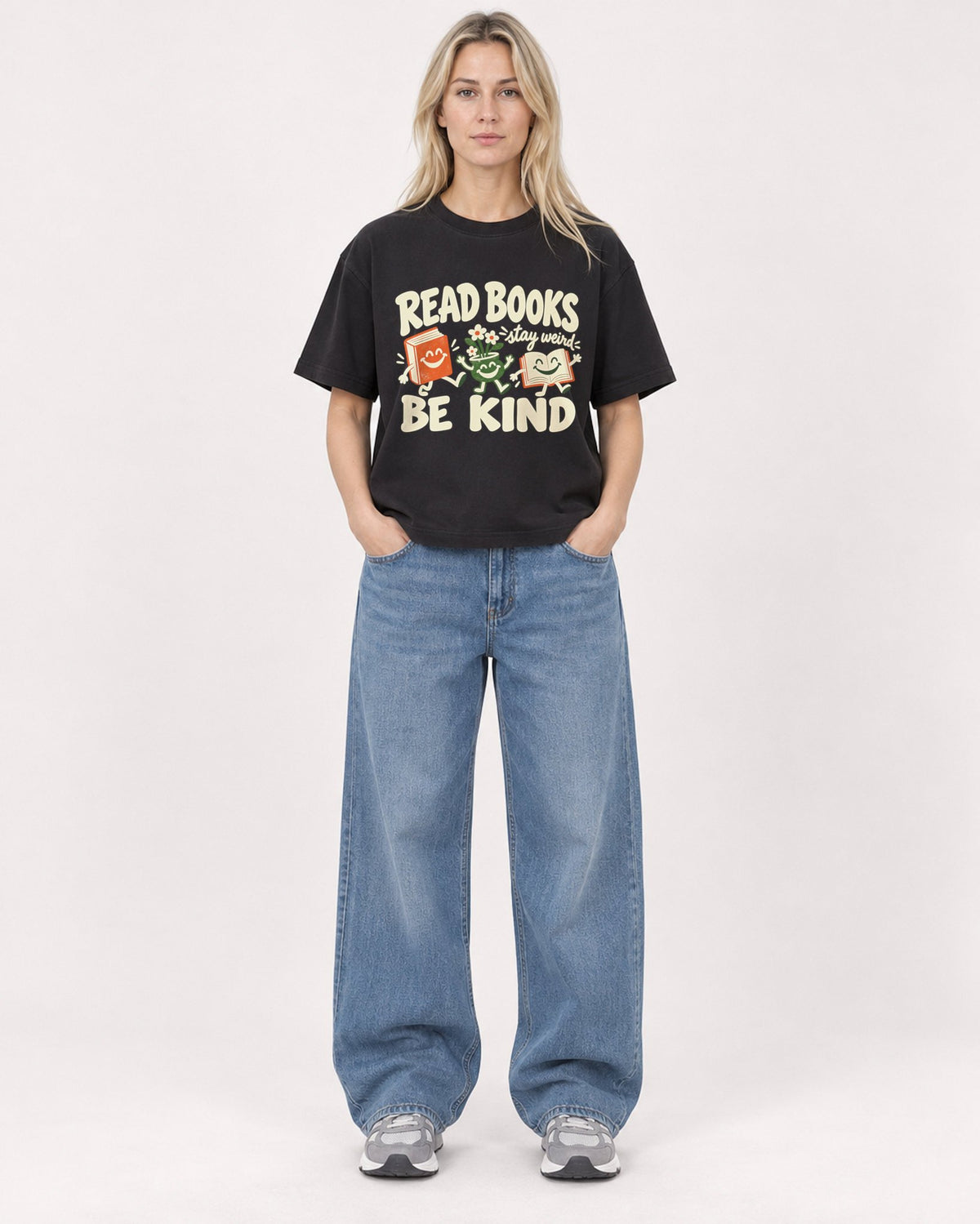 Mockup Boxy Heavyweight Tee Black female full-body 08