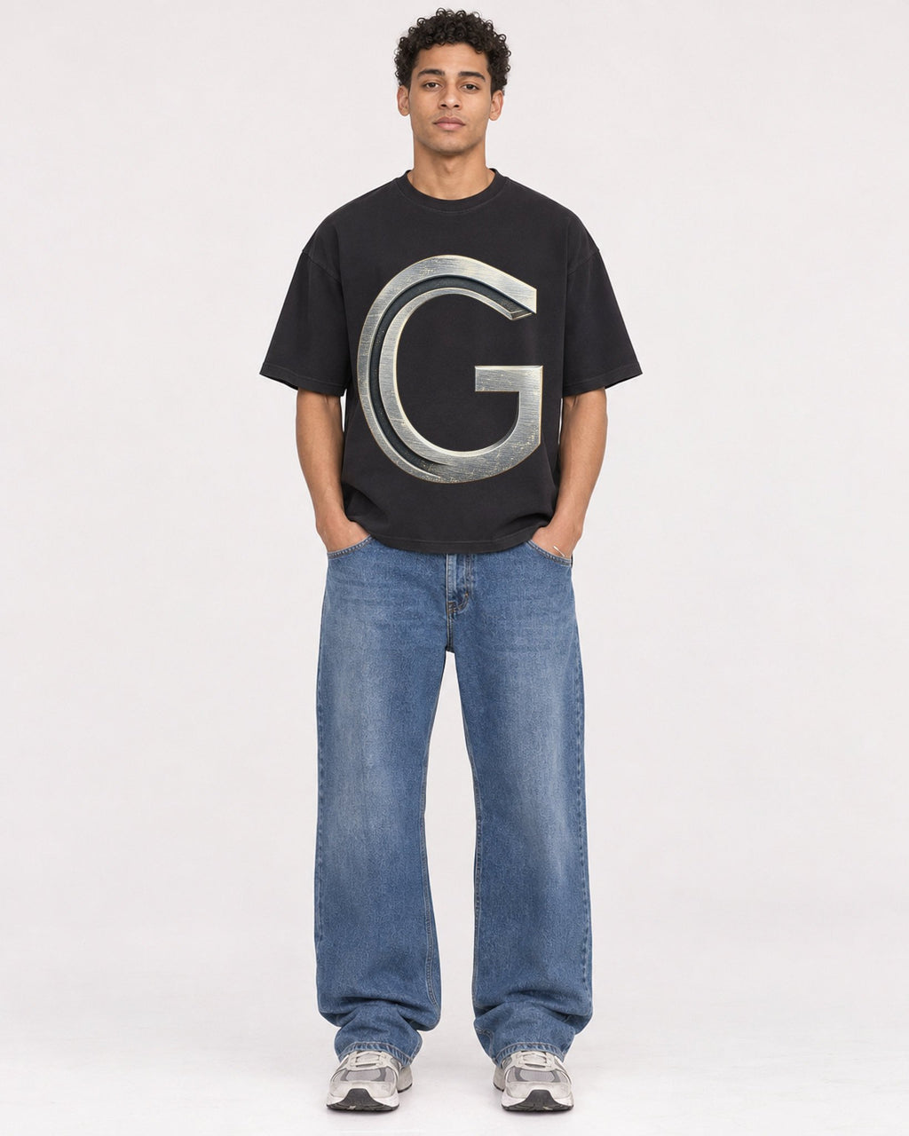 Mockup Boxy Heavyweight Tee Black male full-body 10