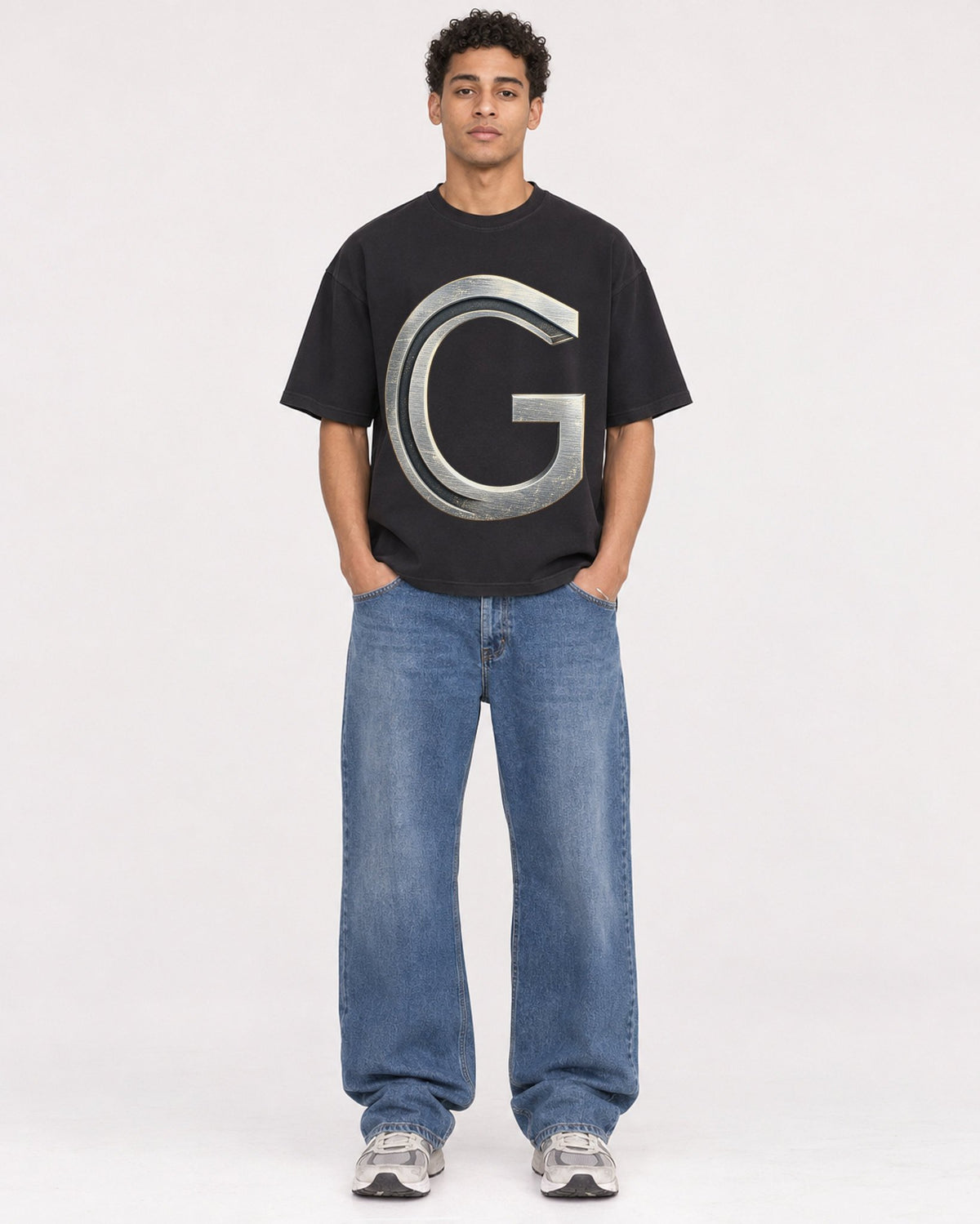 Mockup Boxy Heavyweight Tee Black male full-body 10