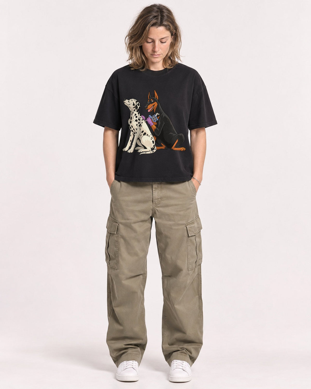 Mockup Boxy Heavyweight Tee Black female full-body 38