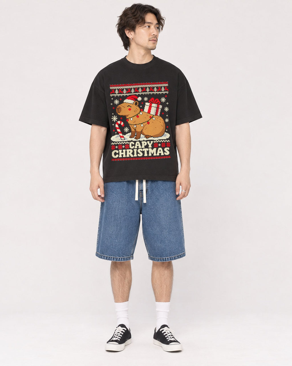 Mockup Boxy Heavyweight Tee Black male full-body 03