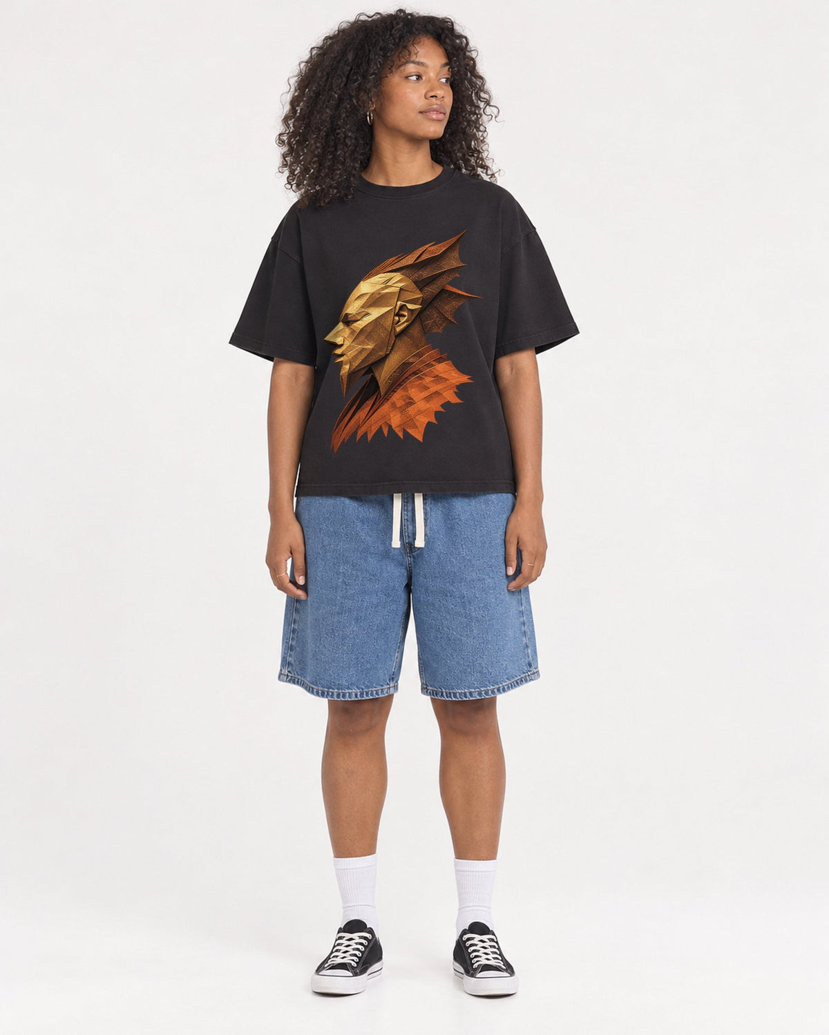 Mockup Boxy Heavyweight Tee Black female full-body 05