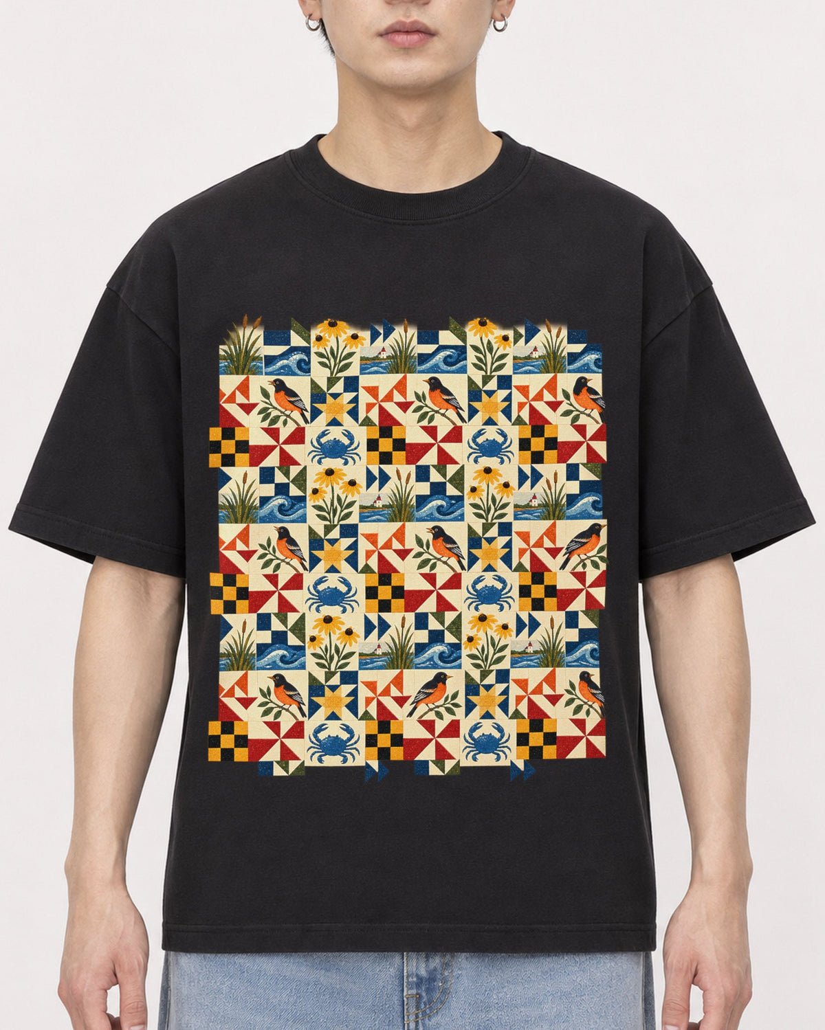 Mockup Boxy Heavyweight Tee Black male close-up 01