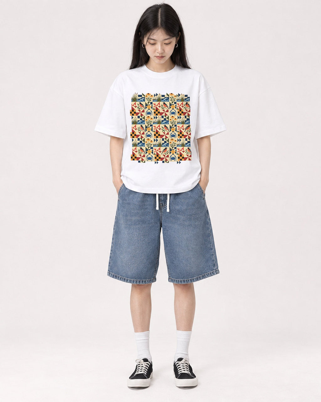 Mockup Boxy Heavyweight Tee White female full-body 01