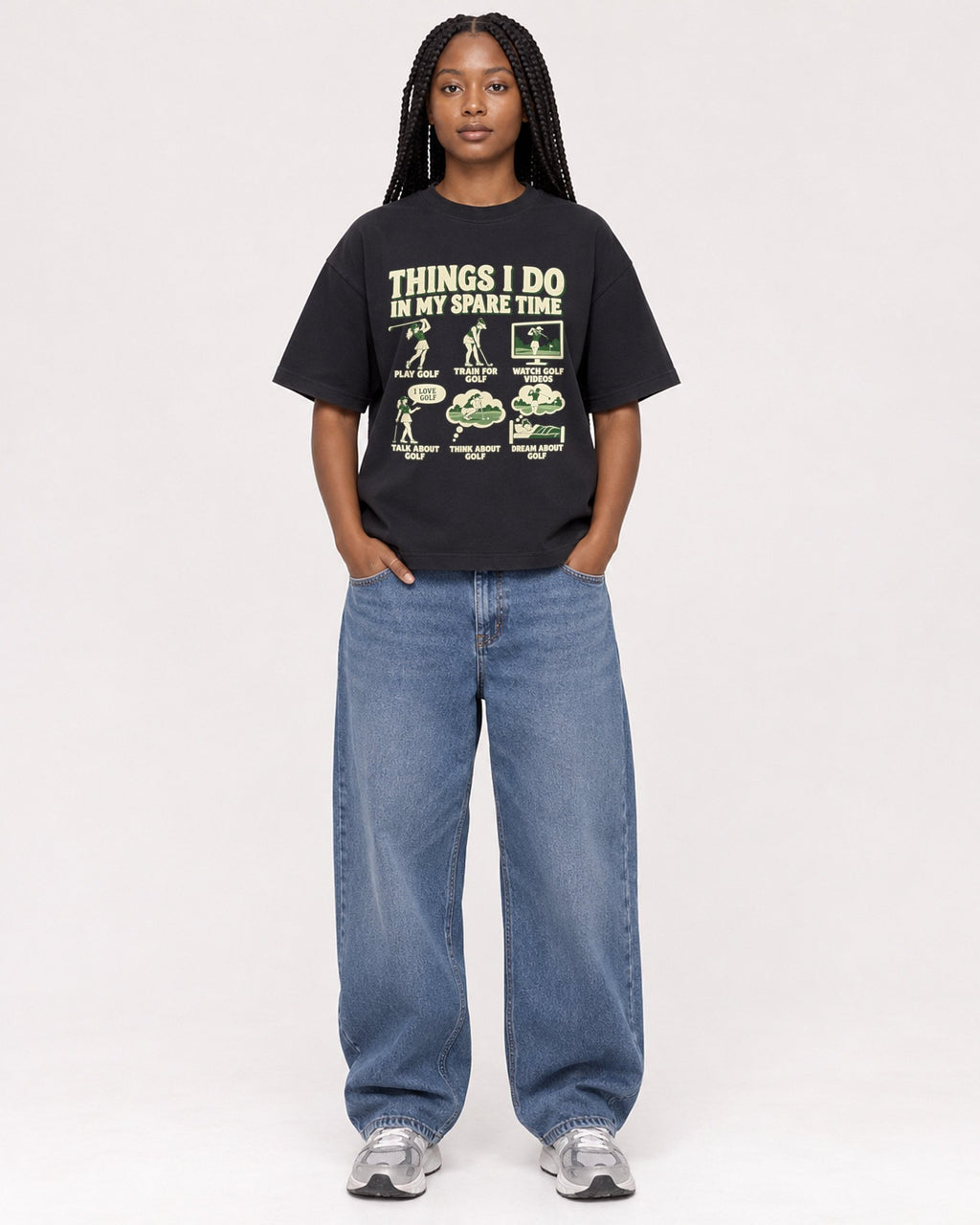 Mockup Boxy Heavyweight Tee Black female full-body 04