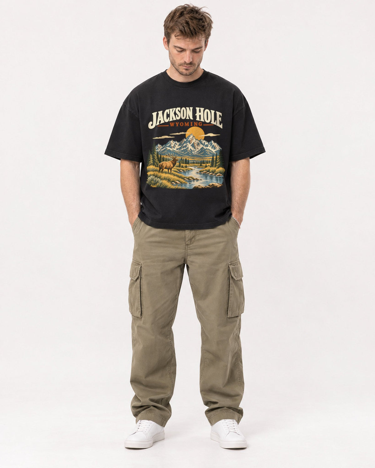 Mockup Boxy Heavyweight Tee Black male full-body 08