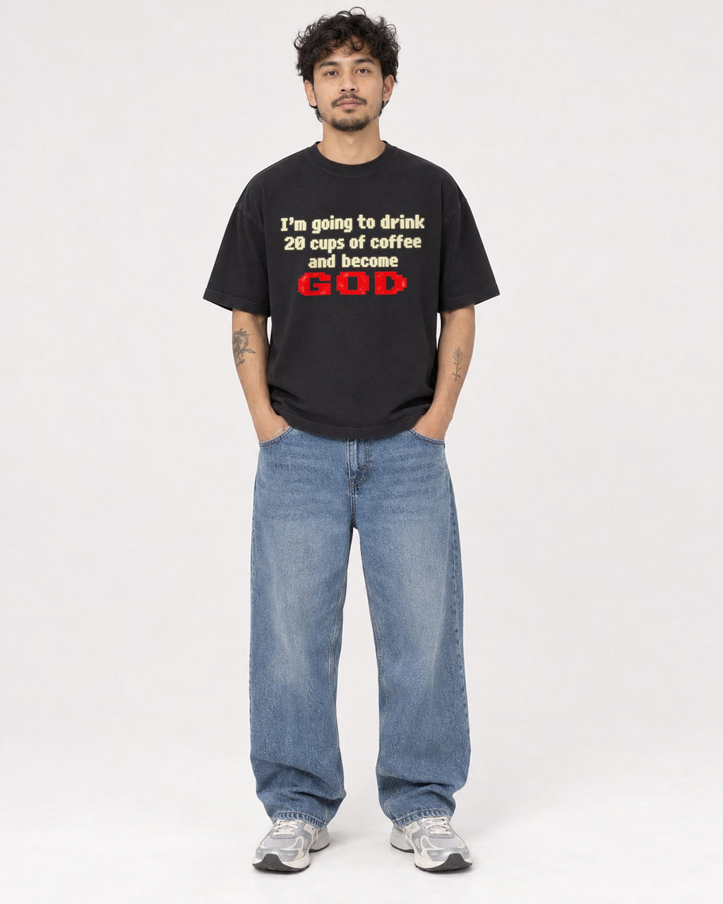 Mockup Boxy Heavyweight Tee Black male full-body 42