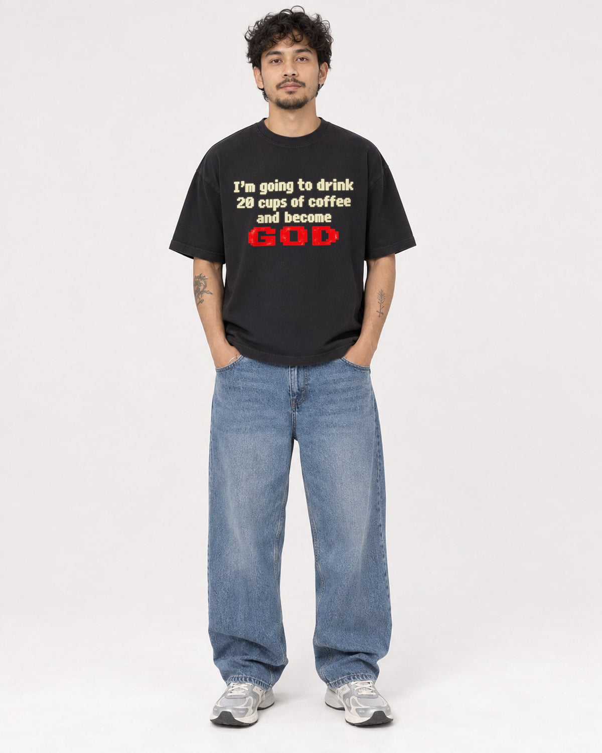 Mockup Boxy Heavyweight Tee Black male full-body 42