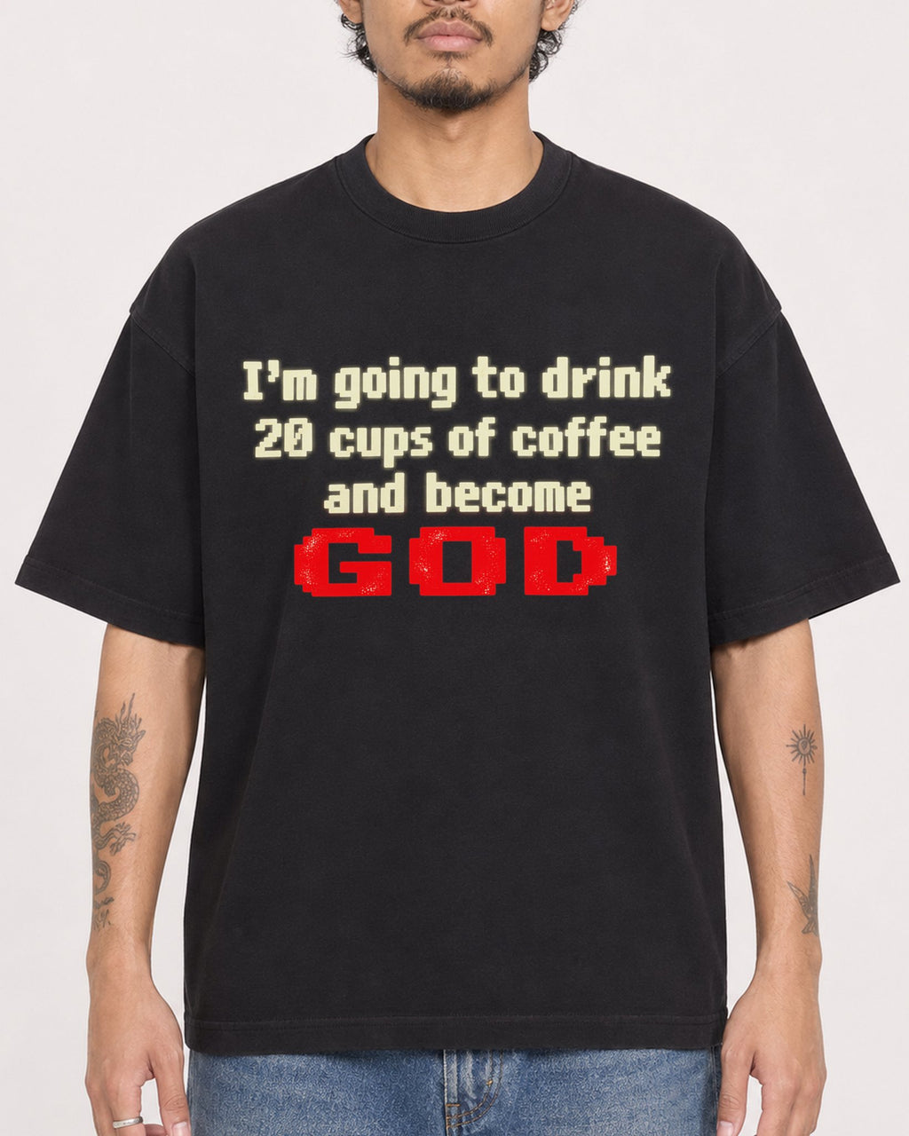 Mockup Boxy Heavyweight Tee Black male close-up 42
