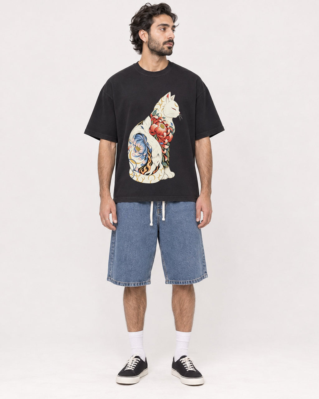 Mockup Boxy Heavyweight Tee Black male full-body 47