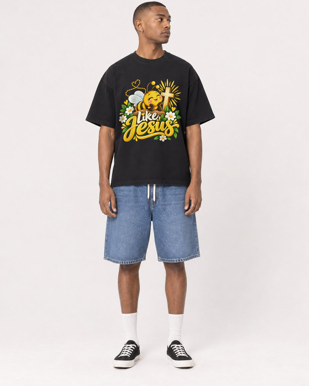 Mockup Boxy Heavyweight Tee Black male full-body 35