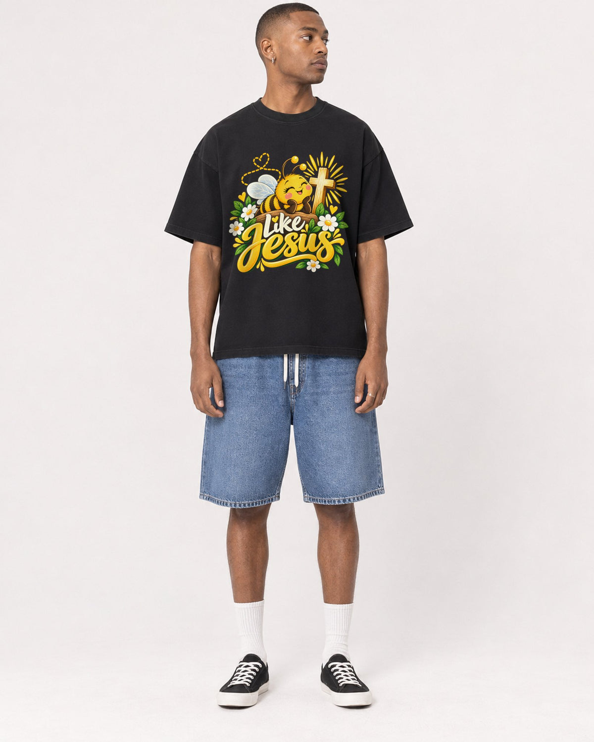 Mockup Boxy Heavyweight Tee Black male full-body 35