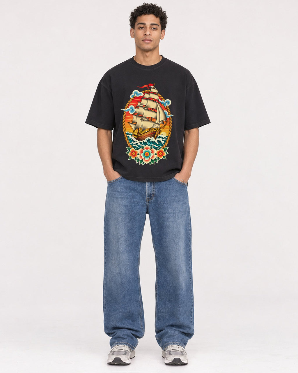 Mockup Boxy Heavyweight Tee Black male full-body 10