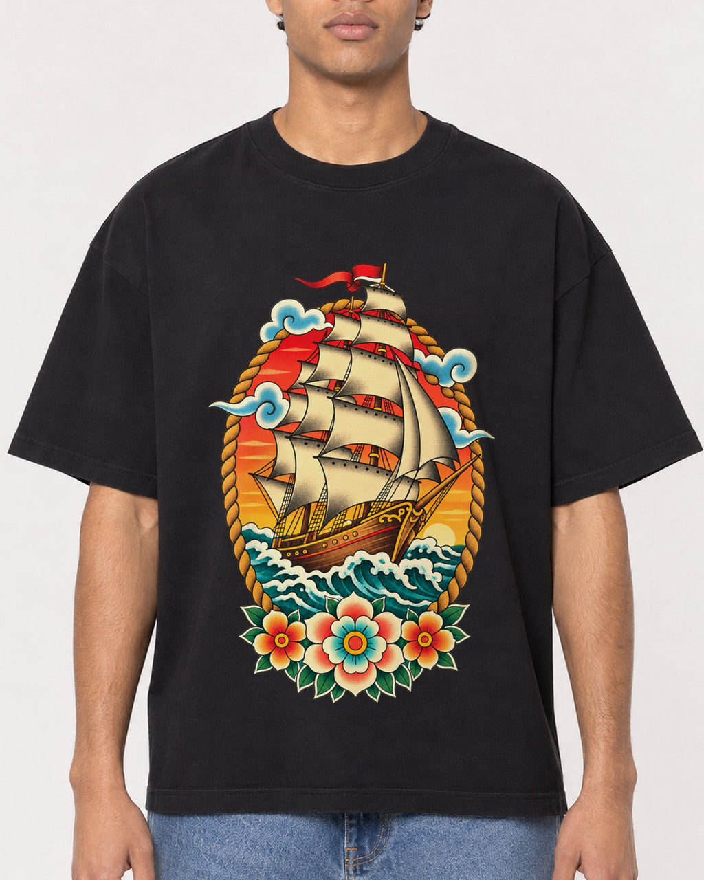 Mockup Boxy Heavyweight Tee Black male close-up 10