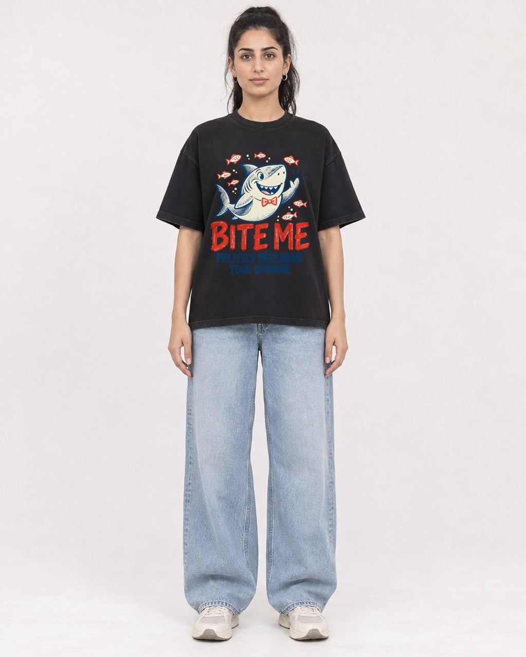 Mockup Boxy Heavyweight Tee Black female full-body 47
