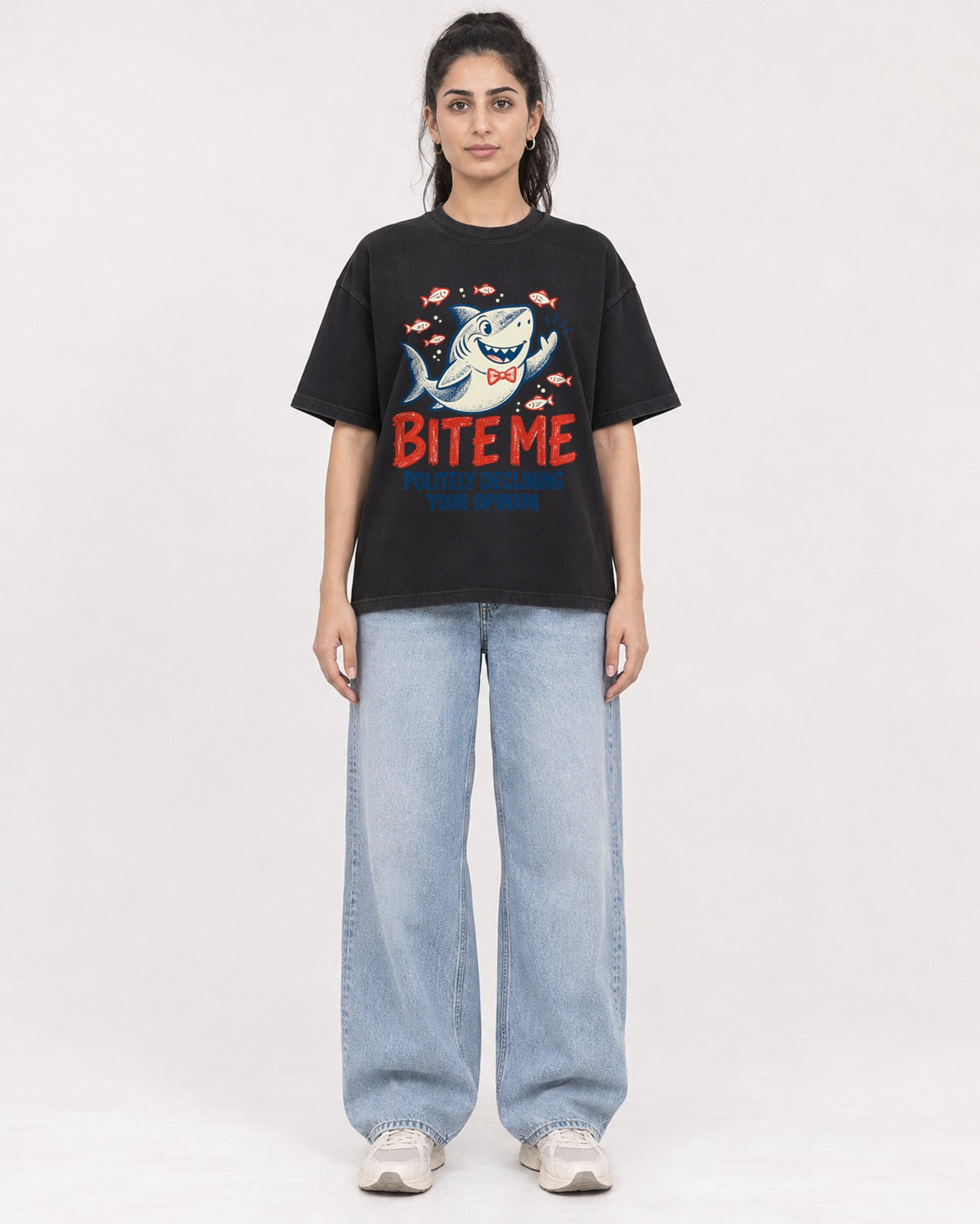 Mockup Boxy Heavyweight Tee Black female full-body 47