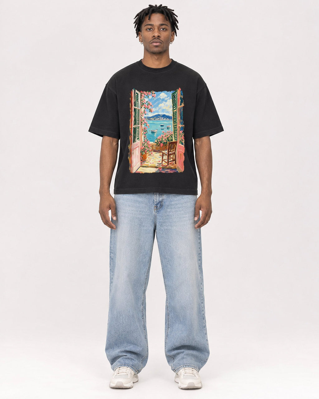 Mockup Boxy Heavyweight Tee Black male full-body 05