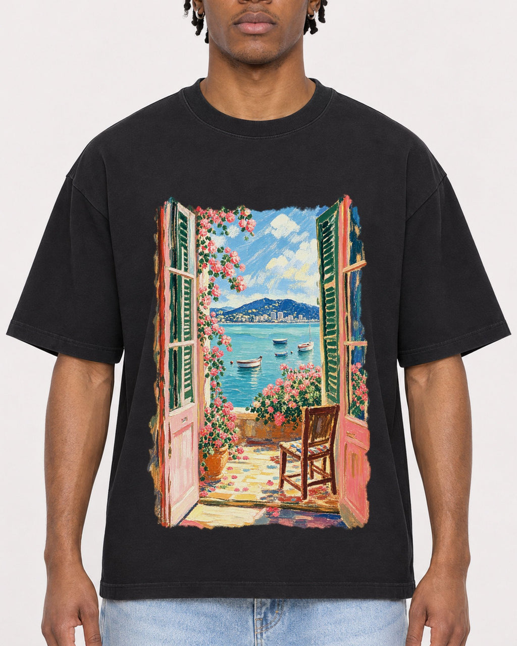 Mockup Boxy Heavyweight Tee Black male close-up 05