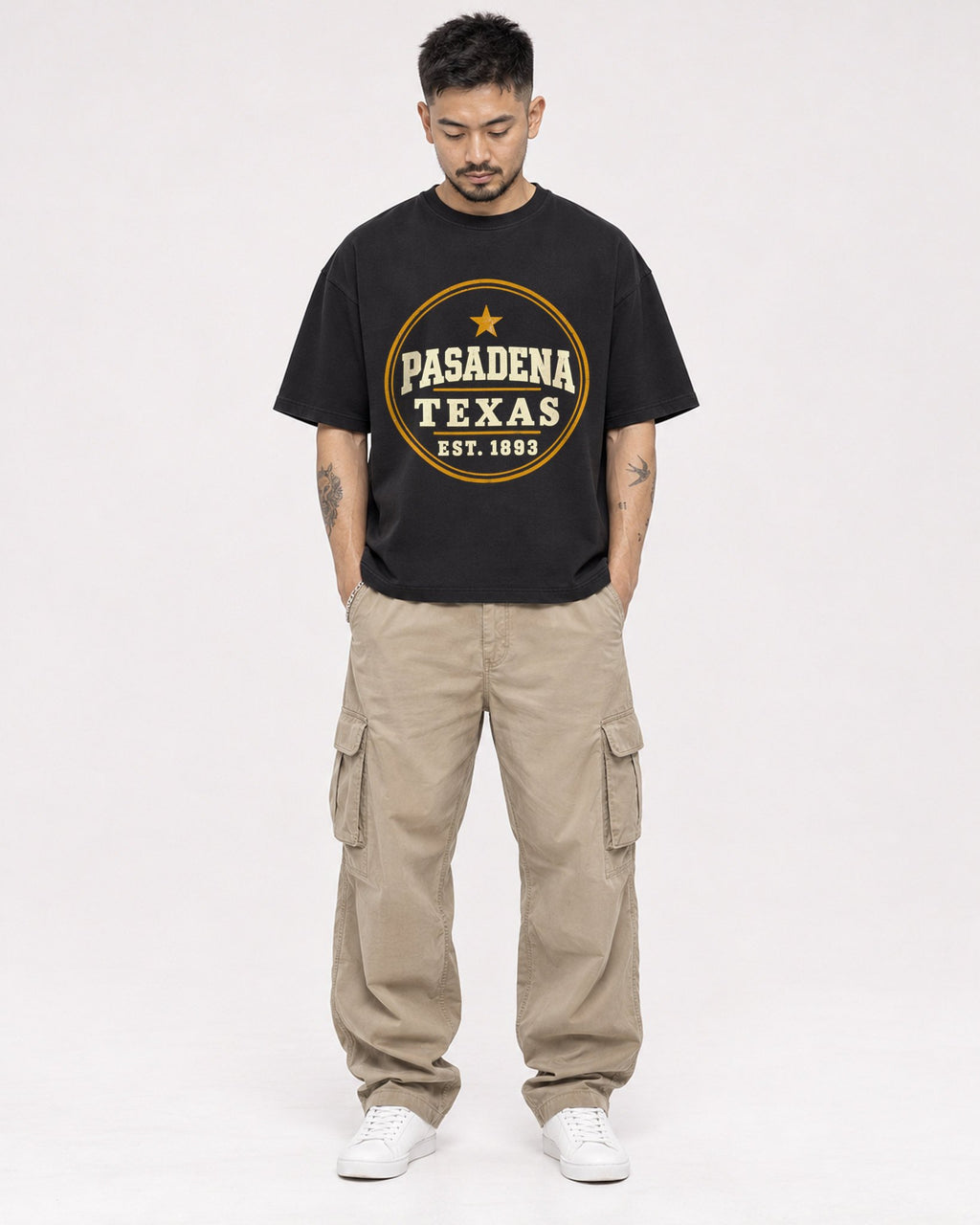 Mockup Boxy Heavyweight Tee Black male full-body 12