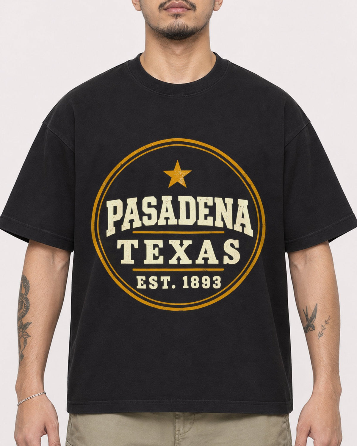 Mockup Boxy Heavyweight Tee Black male close-up 12