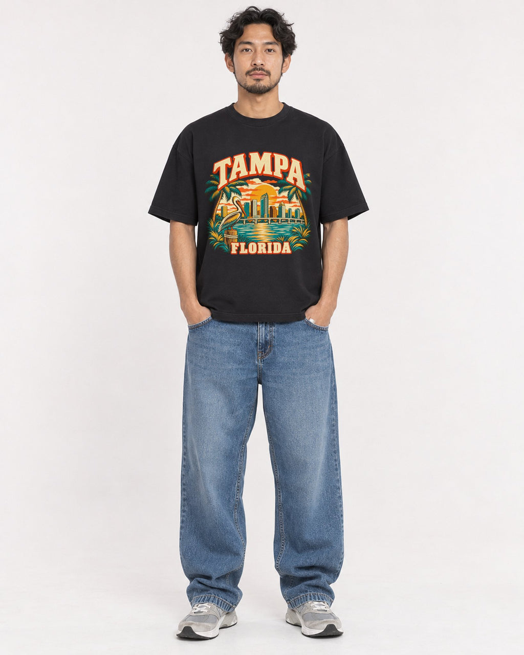 Mockup Boxy Heavyweight Tee Black male full-body 02