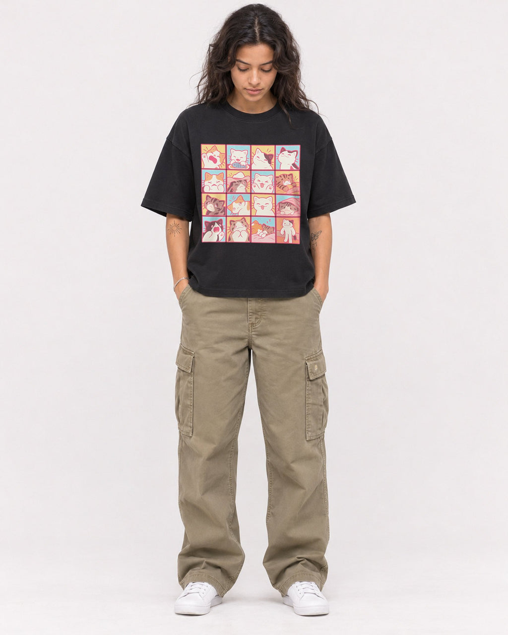 Mockup Boxy Heavyweight Tee Black female full-body 30