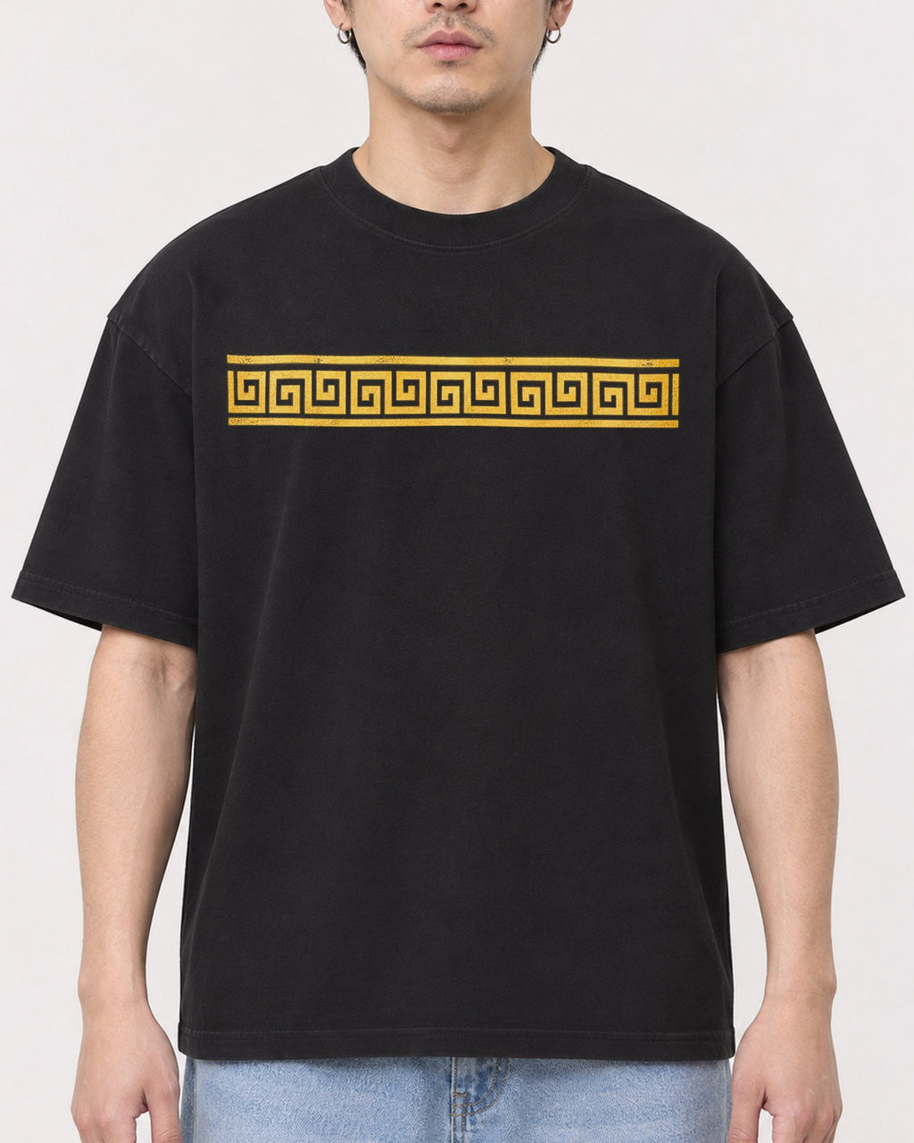 Mockup Boxy Heavyweight Tee Black male close-up 13