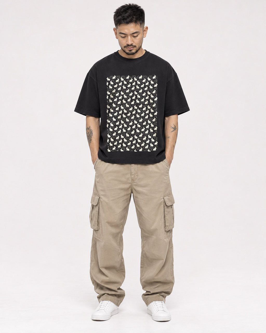 Mockup Boxy Heavyweight Tee Black male full-body 12