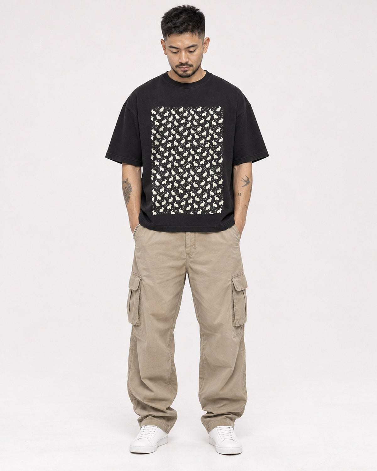 Mockup Boxy Heavyweight Tee Black male full-body 12