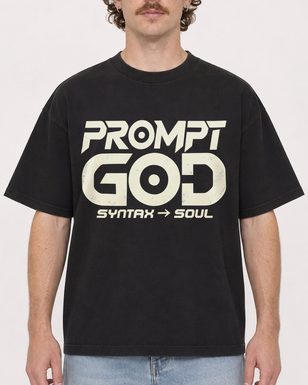 Mockup Boxy Heavyweight Tee Black male close-up 09
