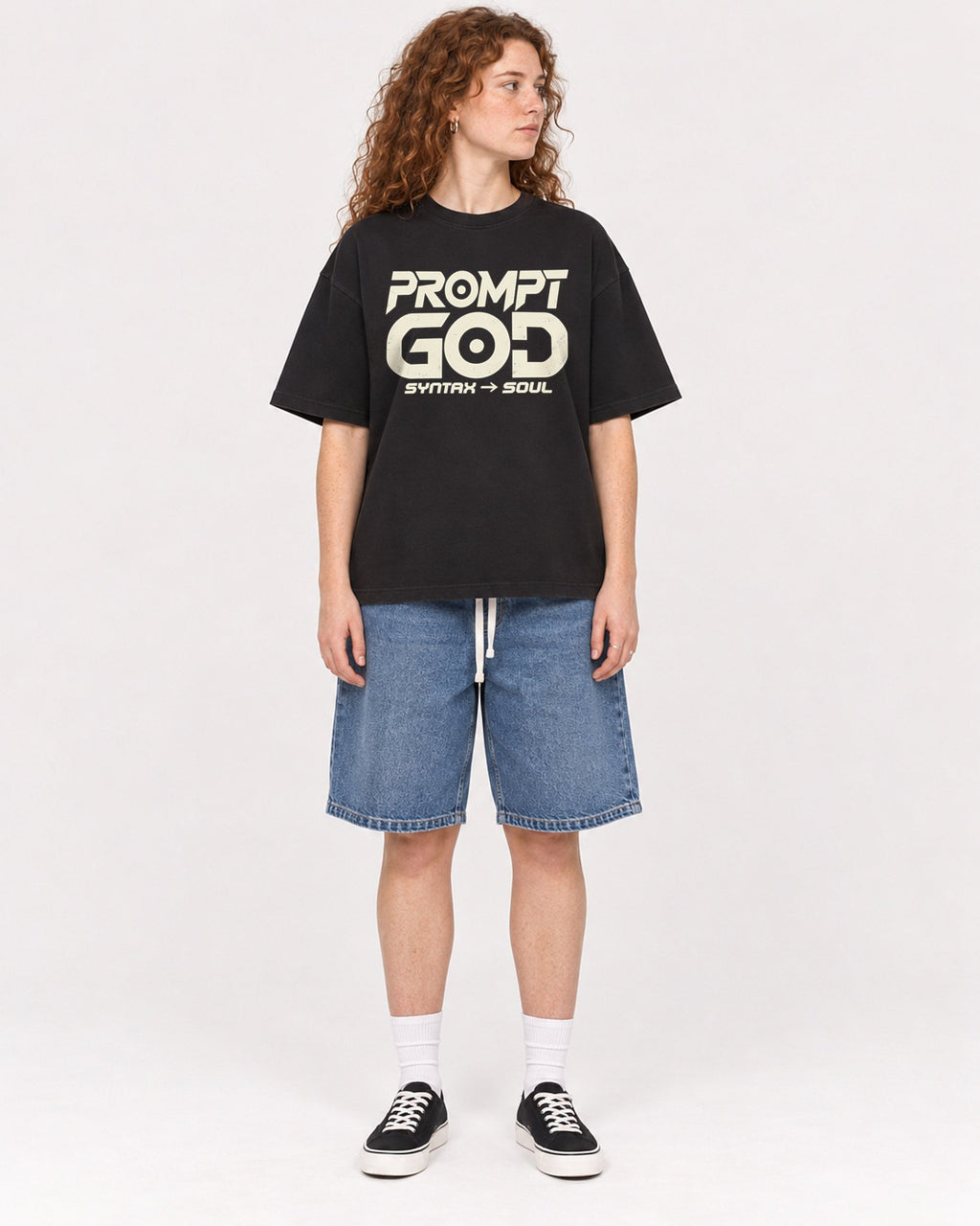 Mockup Boxy Heavyweight Tee Black female full-body 09