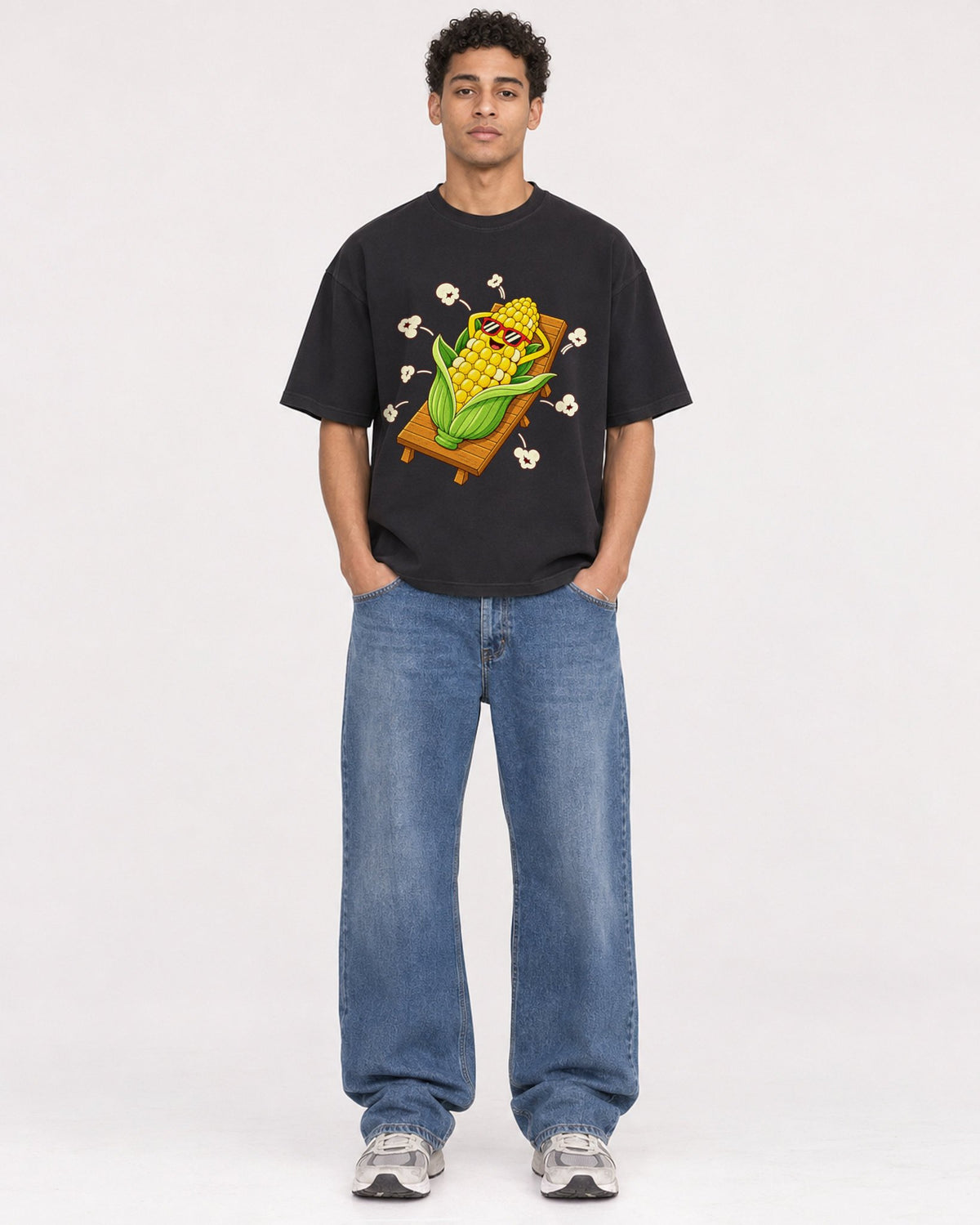 Mockup Boxy Heavyweight Tee Black male full-body 10