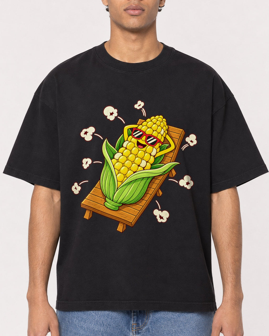 Mockup Boxy Heavyweight Tee Black male close-up 10