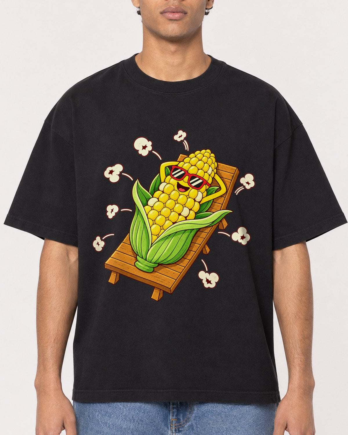 Mockup Boxy Heavyweight Tee Black male close-up 10