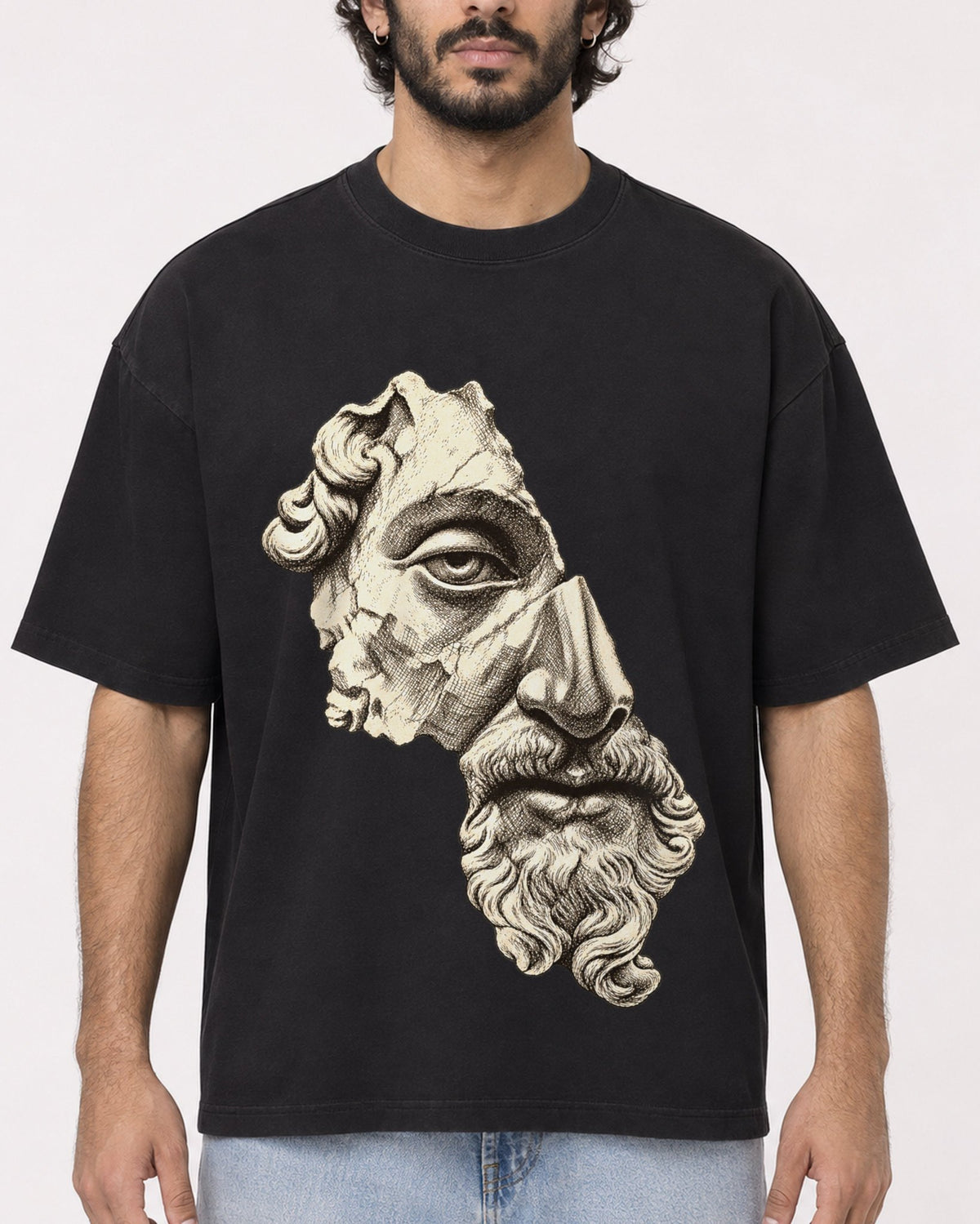 Mockup Boxy Heavyweight Tee Black male close-up 17