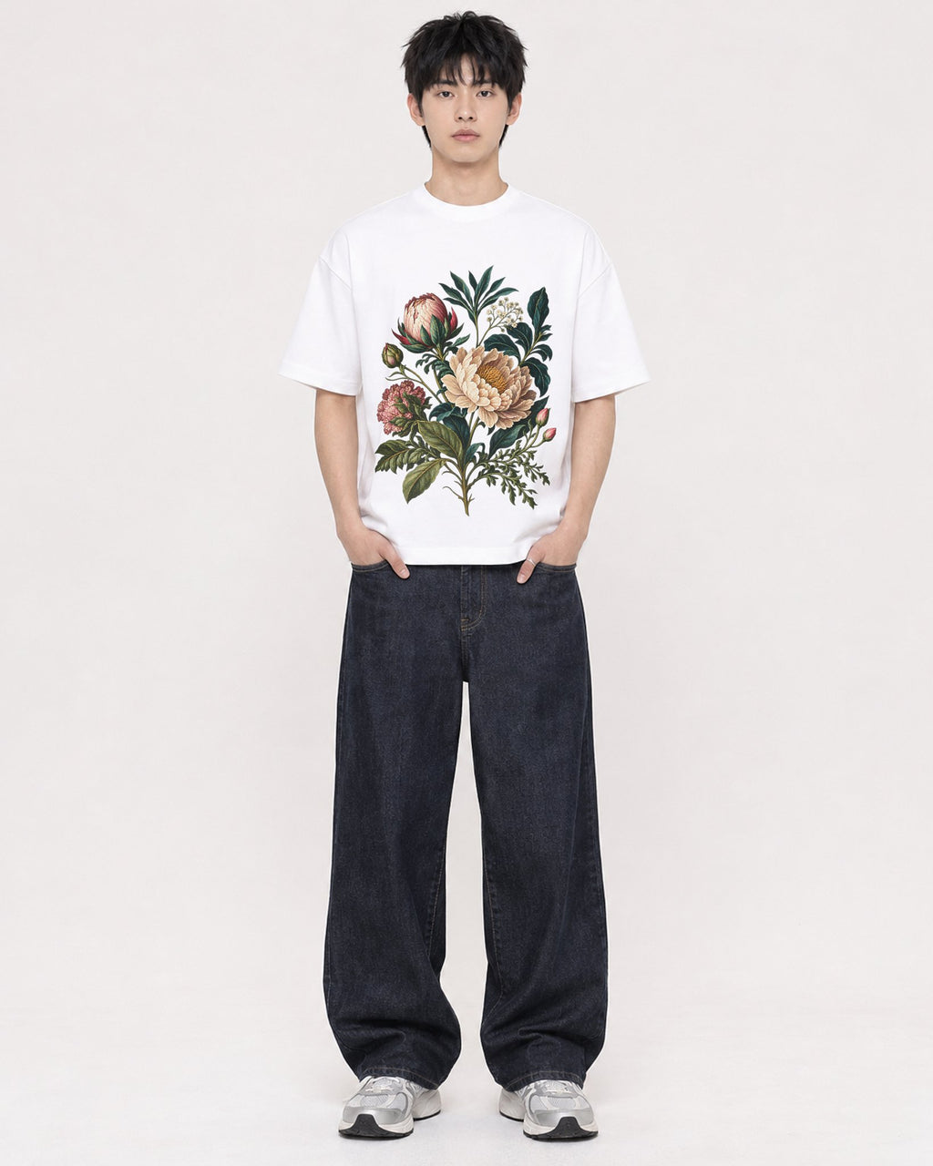 Mockup Boxy Heavyweight Tee White male full-body 01