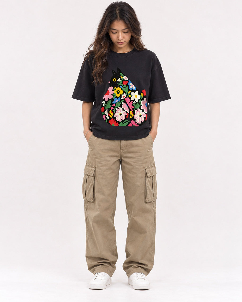Mockup Boxy Heavyweight Tee Black female full-body 02
