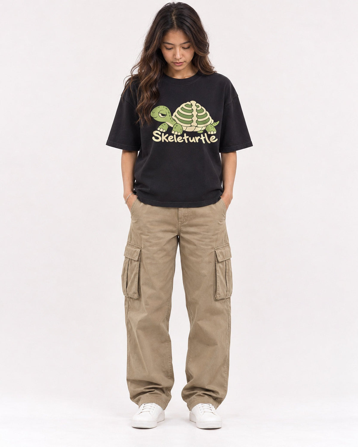Mockup Boxy Heavyweight Tee Black female full-body 02