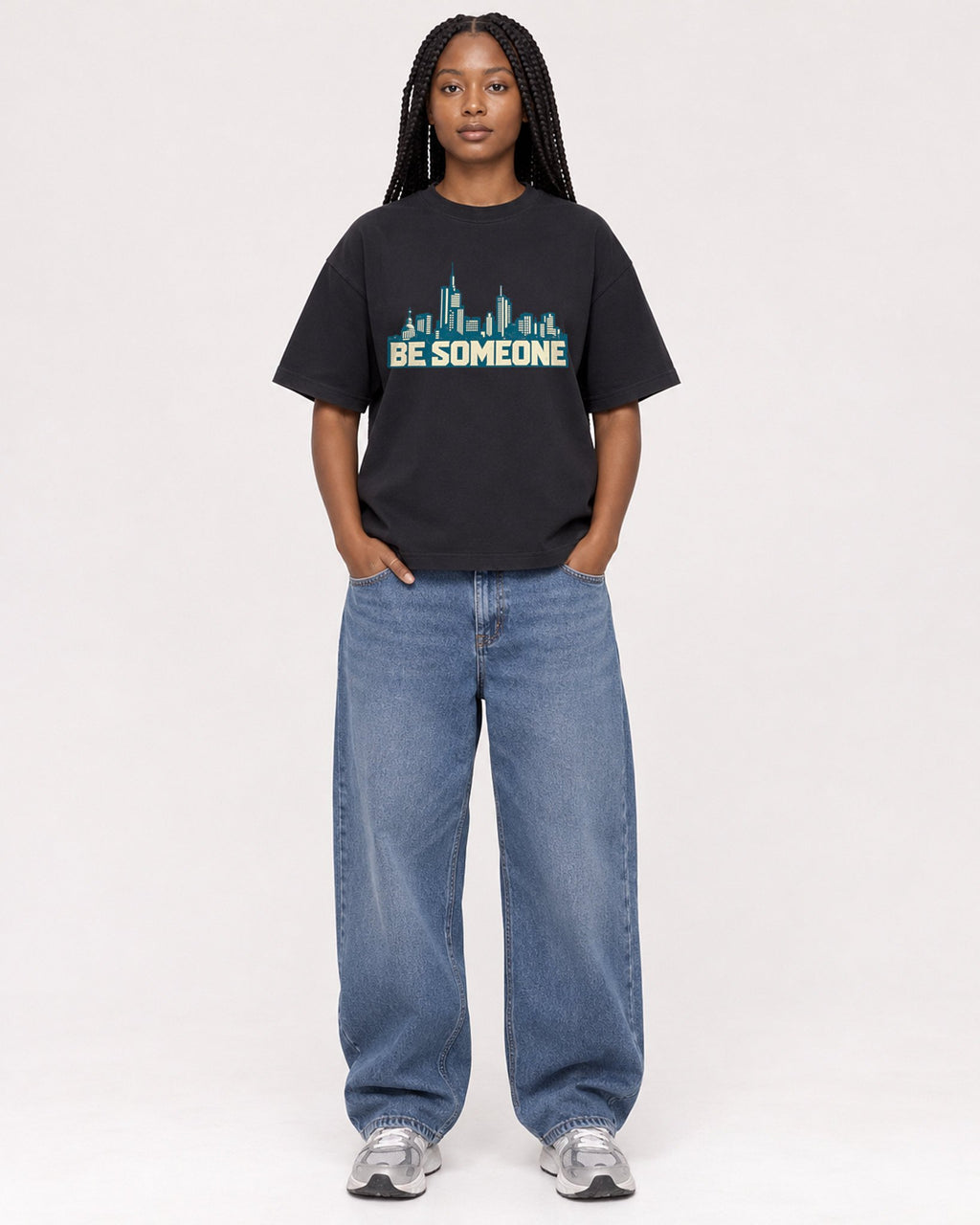 Mockup Boxy Heavyweight Tee Black female full-body 04