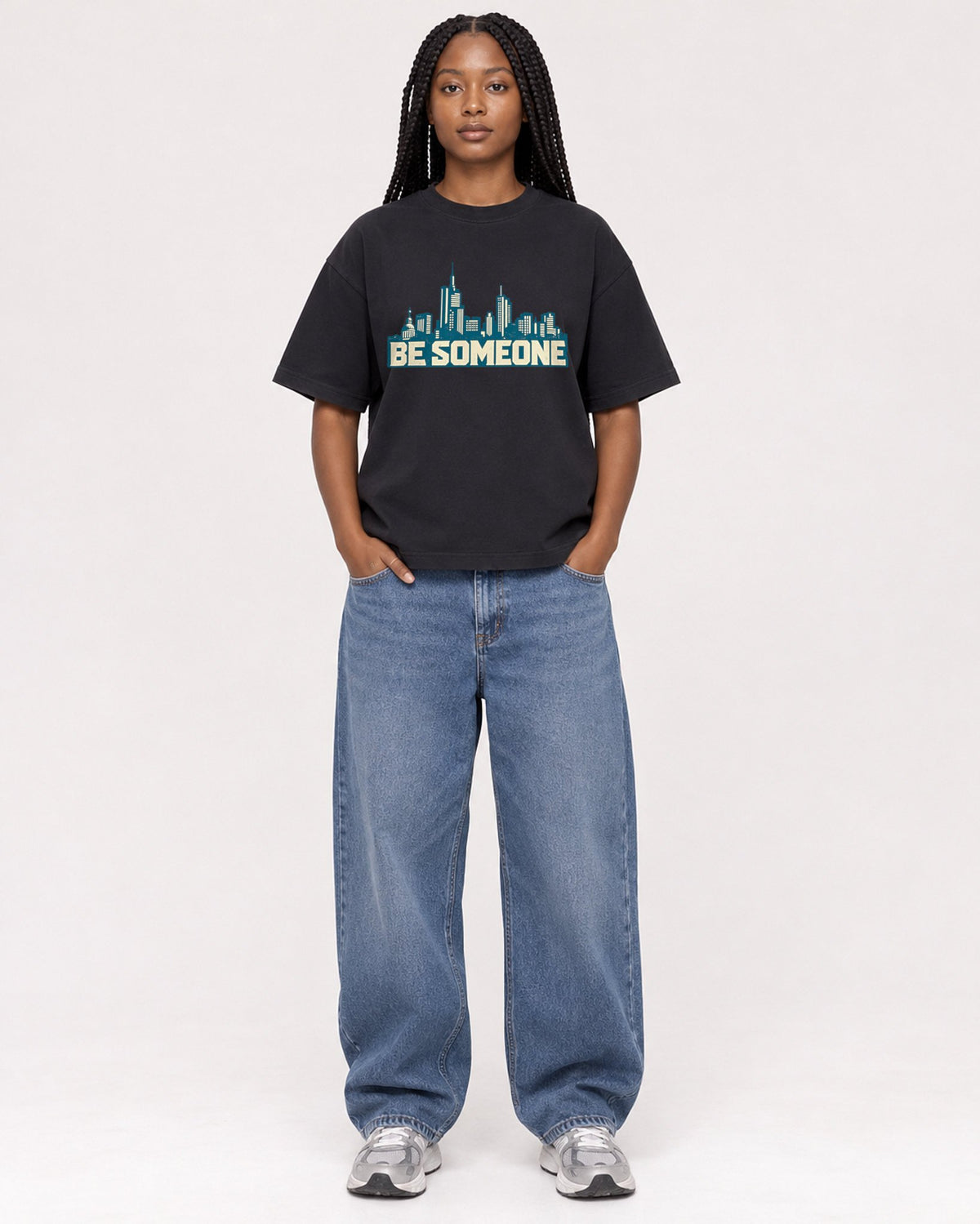 Mockup Boxy Heavyweight Tee Black female full-body 04