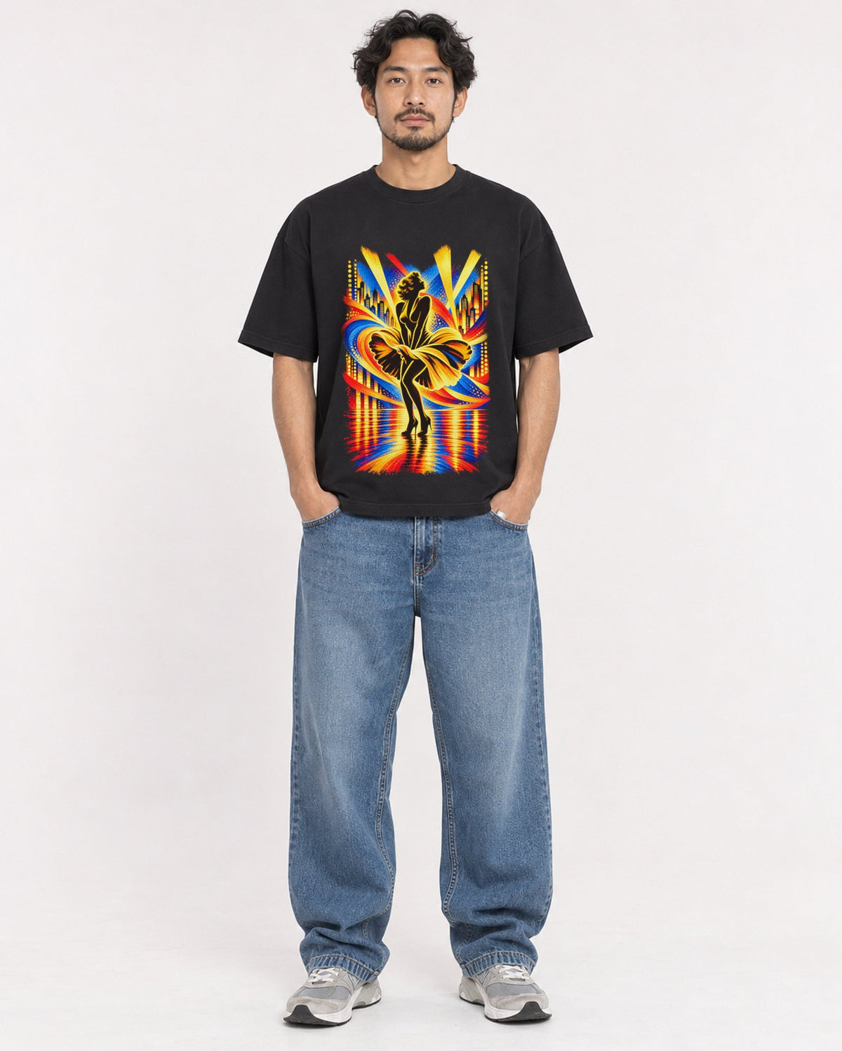 Mockup Boxy Heavyweight Tee Black male full-body 02