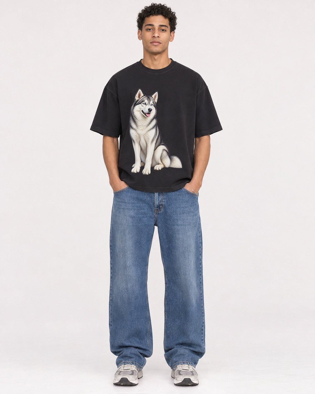 Mockup Boxy Heavyweight Tee Black male full-body 10