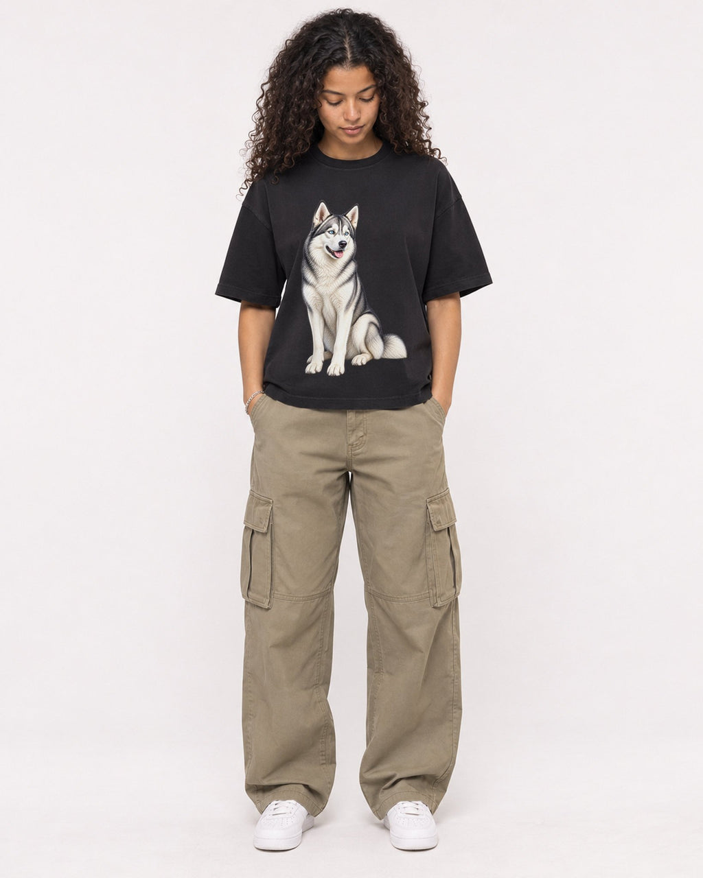 Mockup Boxy Heavyweight Tee Black female full-body 10