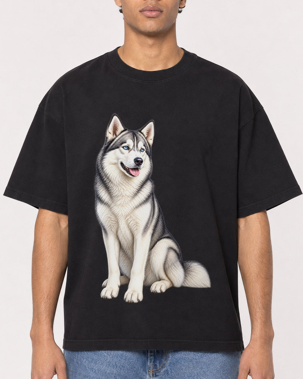 Mockup Boxy Heavyweight Tee Black male close-up 10