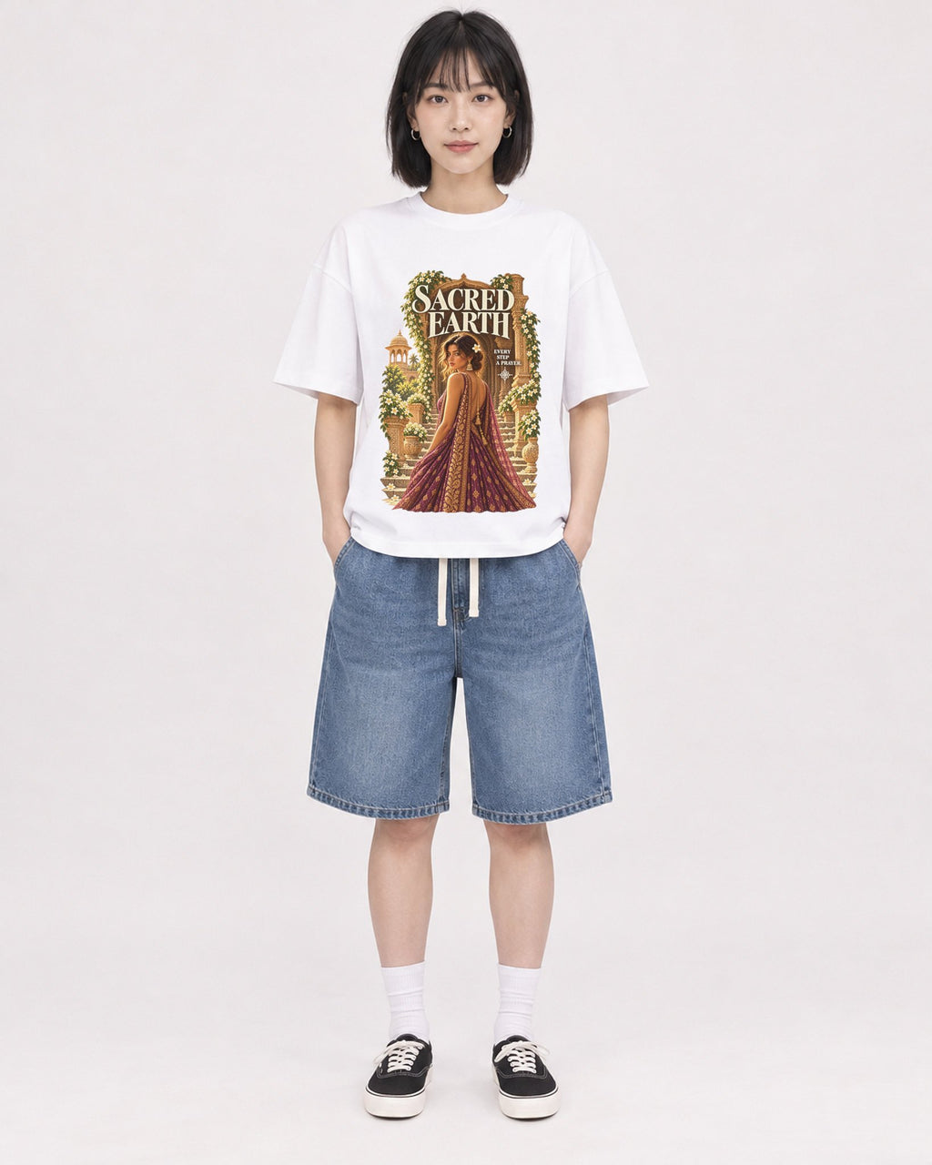 Mockup Boxy Heavyweight Tee White female full-body 11
