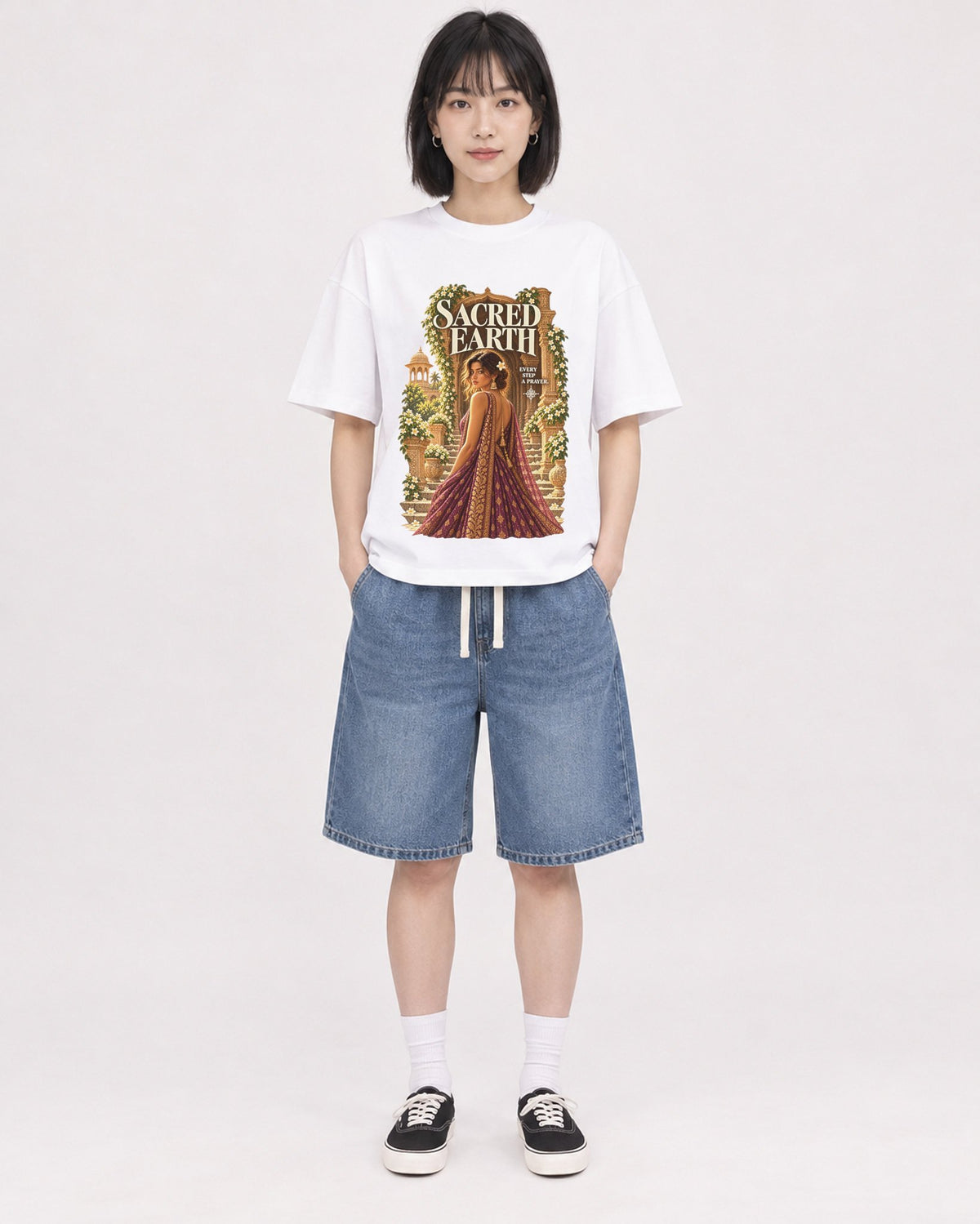 Mockup Boxy Heavyweight Tee White female full-body 11