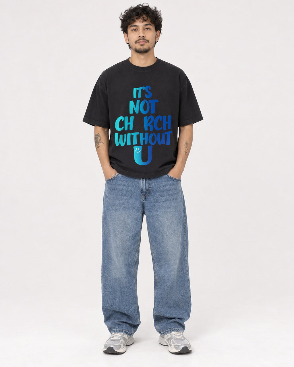 Mockup Boxy Heavyweight Tee Black male full-body 42