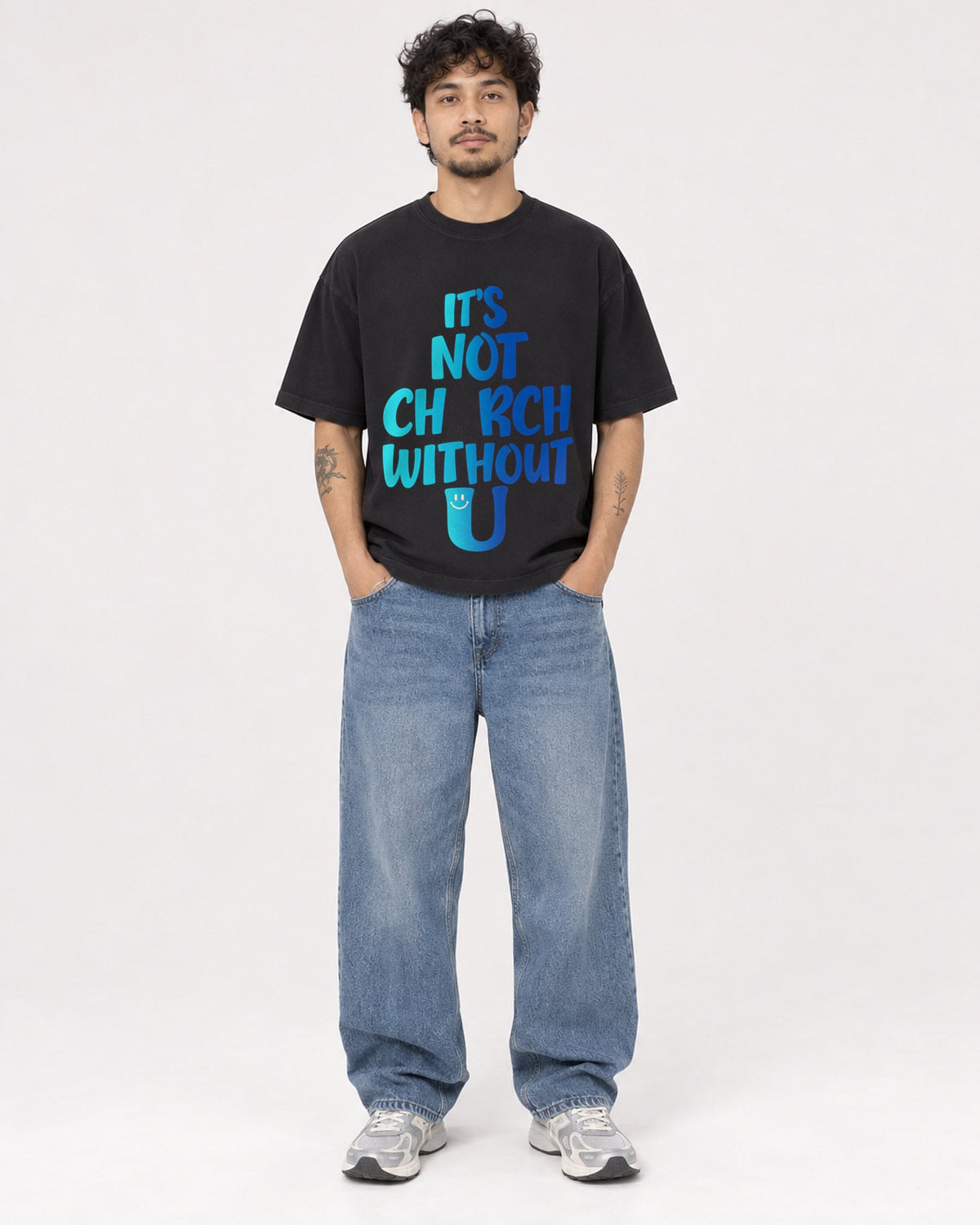 Mockup Boxy Heavyweight Tee Black male full-body 42